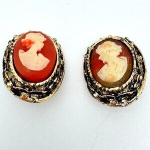 Gold-Tone Vintage Cameo Clip-On Earrings Ornate Frames & Red Orange White